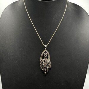 Necklace Marcasite Filigree Pendant Art Deco Silver Tone 16-18 inches